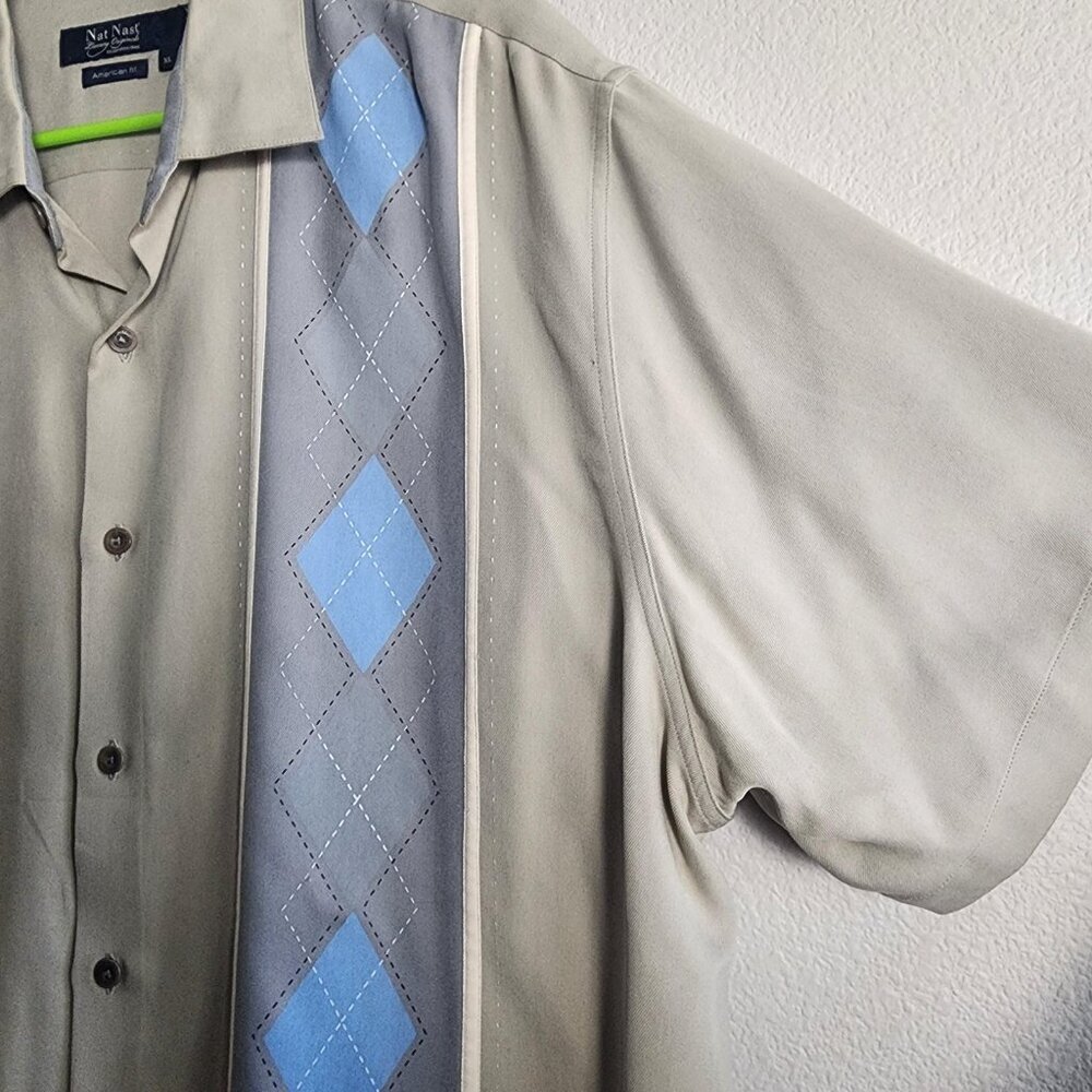 Nat Nast Shirt Mens XL Beige Gray Silk Camp Bowling Argyle Panel Short Sleeve - Picture 2 of 12